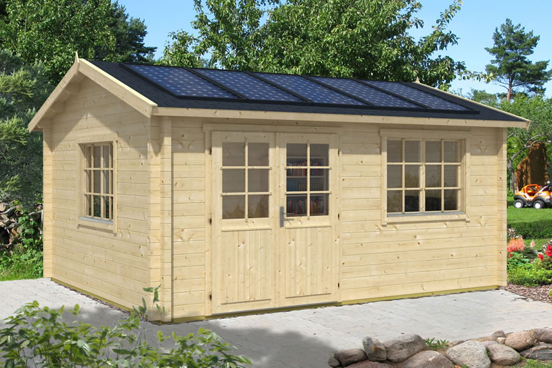 Gartenhaus aus Holz mit Solarzellen